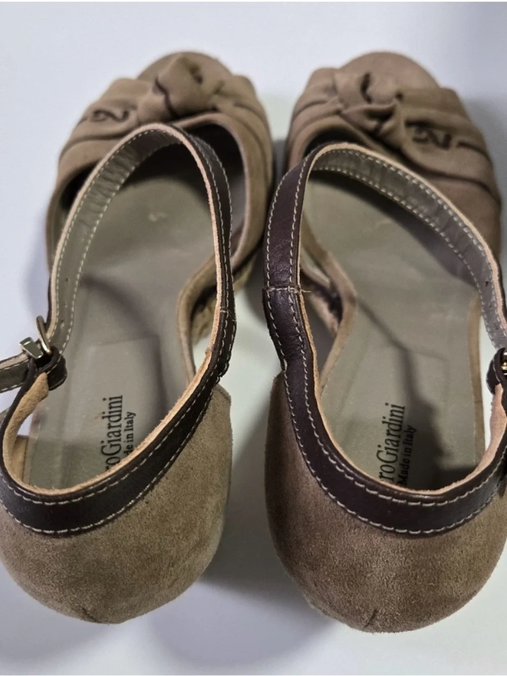 Nero Giardini Taupe Suede Wedge Sandals with Knotted Front and Ankle Strap